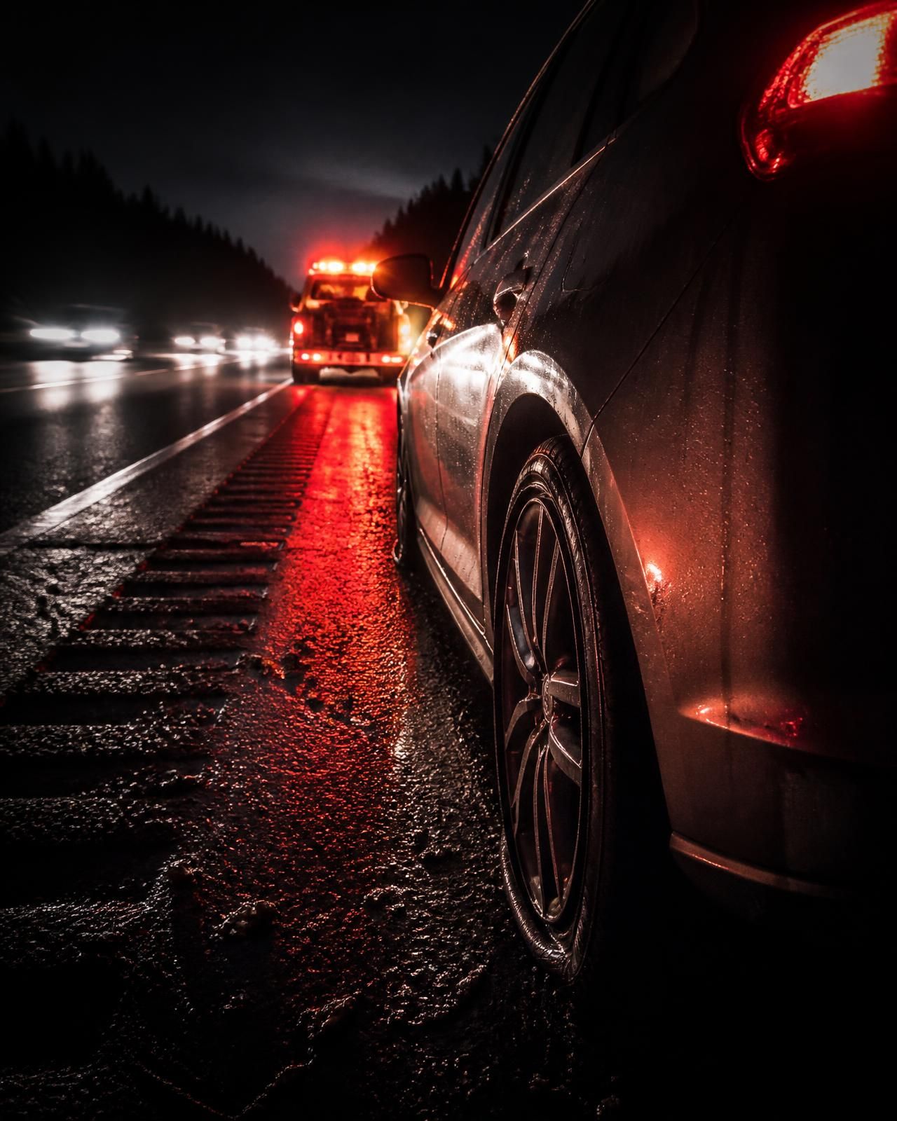 Flat tire on a dark highway shoulder at night with emergency lighting